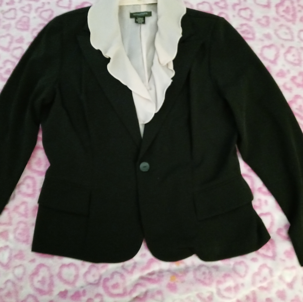 Black blazer with built in sheer pink blouse with ruffles